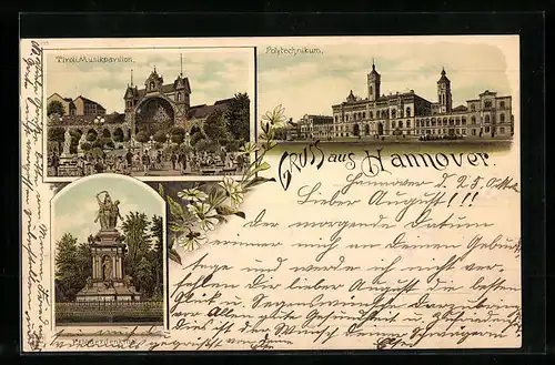 Lithographie Hannover, Tivoli Musikpavillon, Polytechnikum, Kriegerdenkmal