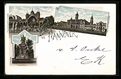 Lithographie Hannover, Tivoli Musikpavillon, Polytechnikum, Kriegerdenkmal