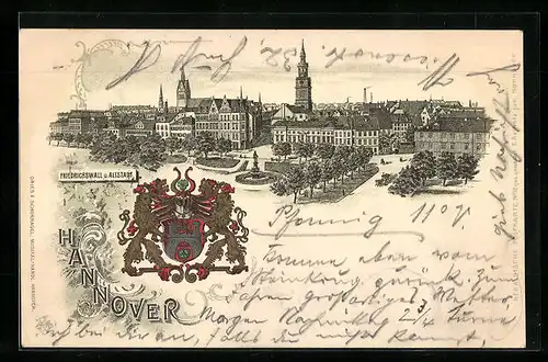 Lithographie Hannover, Friedrichswall und Altstadt, Wappen