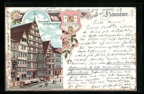 Lithographie Hannover, Schmiedestrasse mit Leibniz-Haus
