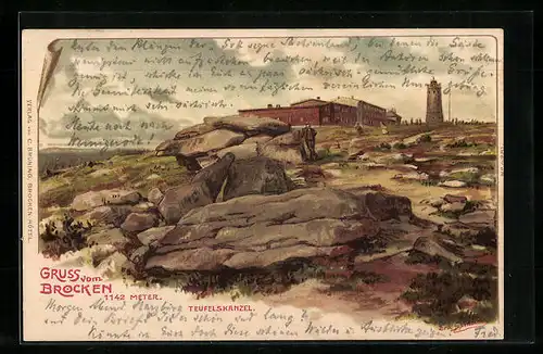 Lithographie Brocken /Harz, Brockenhotel auf der Teufelskanzel