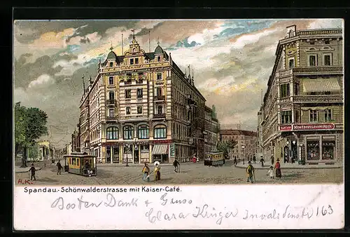 Künstler-AK Berlin-Spandau, Schönwalderstrasse mit Kaiser-Cafe, Kaufhaus Louis Hirsch und Strassenbahn