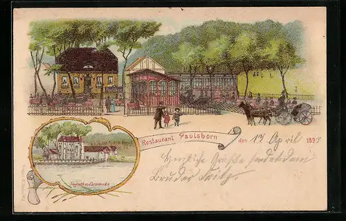 Lithographie Berlin, Restaurant Paulsborn mit Garten, Jagdschloss Grunewald