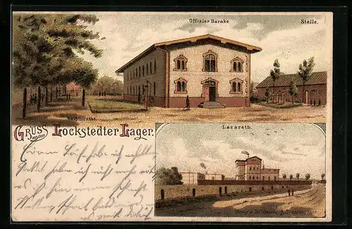 Lithographie Lockstedter Lager, Hauptstrasse mit Offizier-Baracke und Stallgebäude, Lazareth