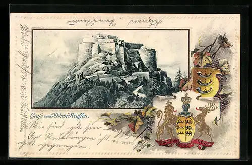 Passepartout-Lithographie Hohen-Neuffen, Burg mit Zufahrt, Wappen, Weintrauben