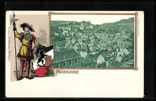 Passepartout-Lithographie Montjoie, Teilansicht aus der Vogelschau, Landsknecht mit Lanze und Wappen