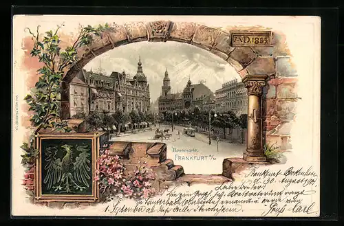 Passepartout-Lithographie Frankfurt /Main, Rossmarkt mit Strassenbahn, Wappen