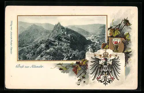 Passepartout-Lithographie Altenahr, Teilansicht vom Ort mit Bergen, Wappen