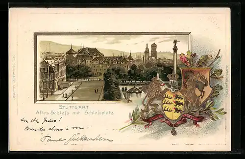 Passepartout-Lithographie Stuttgart, Altes Schloss mit Schlossplatz, Stadt-Wappen
