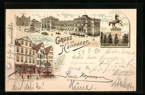 Lithographie Hannover, Bahnhof, Schloss-Restaurant und Sachsenross