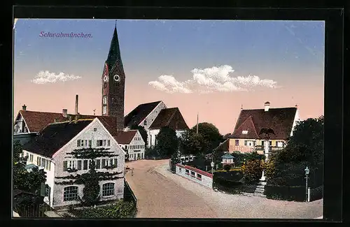 AK Schwabmünchen, Strassenpartie mit Kirche und Denkmal aus der Vogelschau