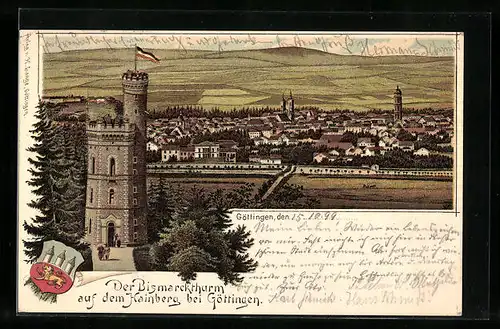 Lithographie Göttingen, Bismarckthurm mit Ortsansicht aus der Vogelschau, Wappen