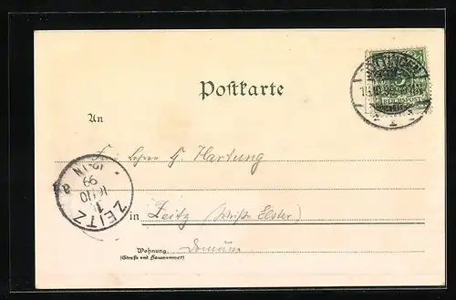 Lithographie Göttingen, Bismarckthurm mit Ortsansicht aus der Vogelschau, Wappen