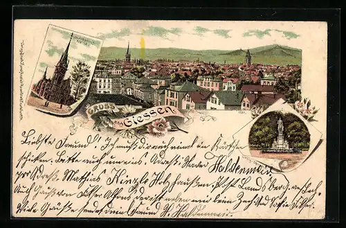 Lithographie Giessen, St. Johannis-Kirche, Teilansicht aus der Vogelschau, Liebig-Denkmal