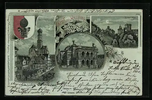 Mondschein-Lithographie Augsburg, St. Ulrichskirche, Theater, Rothes Thor, Wappen