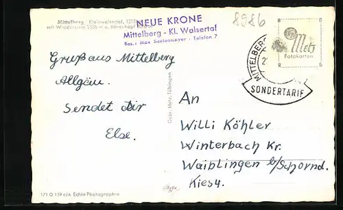 AK Mittelberg /Kleinwalsertal, Teilansicht mit Kirche, Gasthaus Alte Krone, Widderstein und Bärenkopf
