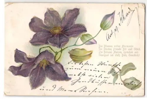 Glitzer-Perl-AK Zwei lila Blumen