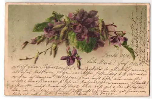 Glitzer-Perl-AK Blumen und Brikenzweige