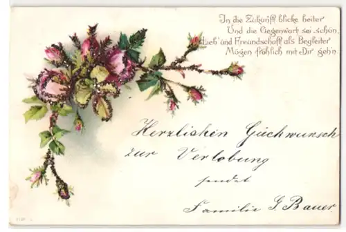 Glitzer-Perl-AK Rosenzweige mit Blüten