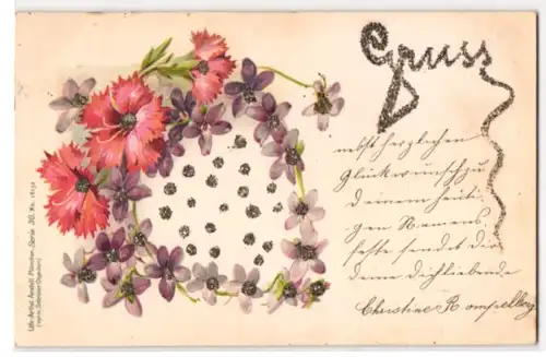 Glitzer-Perl-AK Nelken und Veilchen