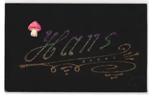 Glitzer-Perl-AK Hans, Namenstag, Fliegenpilz