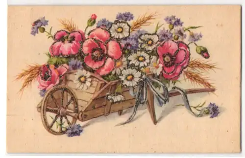 Glitzer-Perl-AK Schubkarre mit Mohn, Kornblumen und Ähren