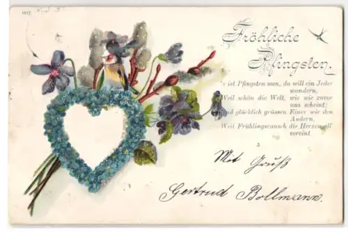 Glitzer-Perl-AK Herz aus Vergissmeinnicht mit Veilchen