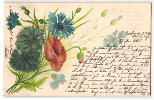 Glitzer-Perl-AK Kornblumen und Klatschmohn