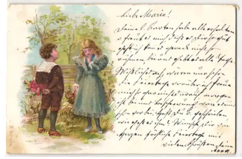 Glitzer-Perl-AK Mädchen und Bub mit Blumen