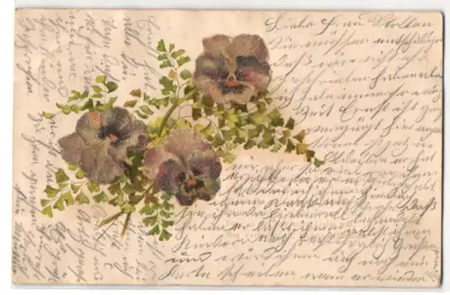 Glitzer-Perl-AK Stiefmütterchen und Ginkoblätter