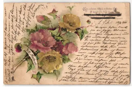 Glitzer-Perl-AK Blumen und Efeu