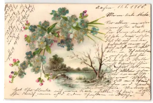 Glitzer-Perl-AK Auenidyll und Vergissmeinnicht