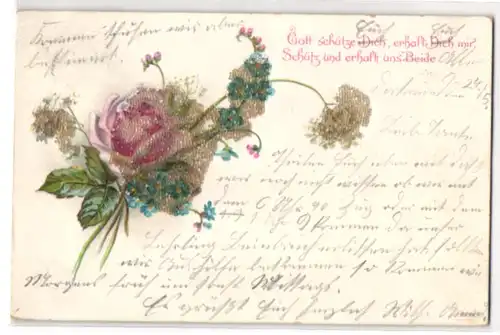 Glitzer-Perl-AK Rose und Vergissmeinnicht