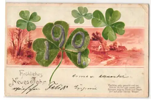 Glitzer-Perl-AK Jahreszahl 1901 im Kleeblatt