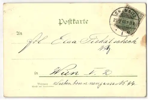 Glitzer-Perl-AK Blaue Blumen, Turm bei Nacht