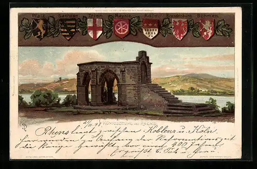 Künstler-AK Carl Biese: Königstuhl bei Rhens, Wappen von Sachsen, Trier, Mayntz, Köln und andere