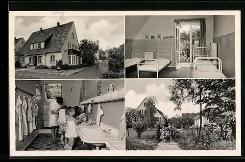 AK Bad Rothenfelde T.W., Haus Kinderglück im Walde, Waschraum, Schlafraum, Gartenansicht