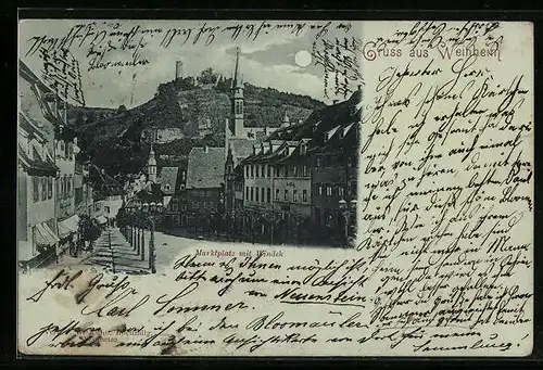 Mondschein-AK Weinheim, Marktplatz mit Ruine Windek