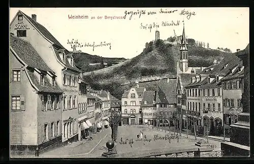 AK Weinheim a. d. B., Ortspartie mit Blick auf die Burg