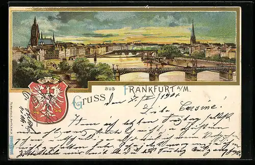 Lithographie Frankfurt a. M., Stadtpanorama bei aufbrechendem Himmel, Wappen