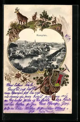 Passepartout-Lithographie Kempten, Teilansicht mit Brücke, Gämse auf einem Berg, Wappen