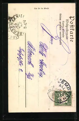 Passepartout-Lithographie Kempten, Teilansicht mit Brücke, Gämse auf einem Berg, Wappen