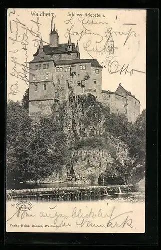 AK Waldheim, Blick hinauf zum Schloss Kriebstein auf dem Felsen