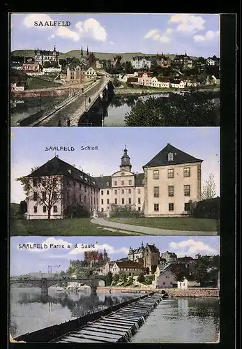 AK Saalfeld, Generalansicht mit der Brücke in die Stadt, vor dem Schloss, Partie an der Saale