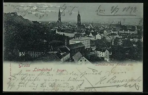 Mondschein-AK Landshut i. Bayern, Ortsansicht von Nordost