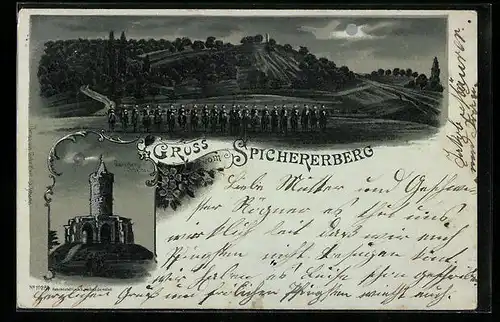 Mondschein-Lithographie Saarbrücken, Spichererberg, Winterberg-Denkmal, Kavalleriesoldaten