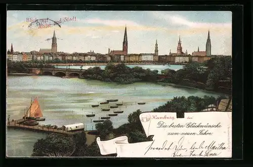 Lithographie Hamburg, Alster mit Brücke und Stadtpanorama