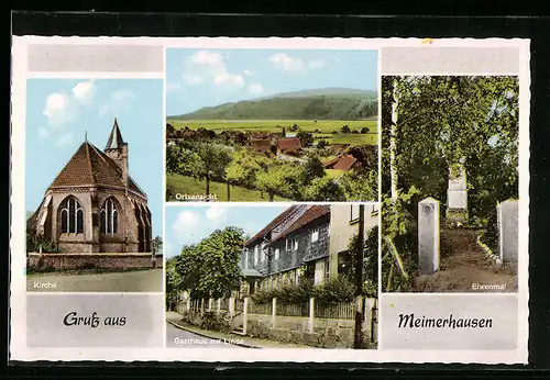 AK Meimerhausen, Ortsansicht, Gasthaus zur Linde R. Dröge, Ehrenmal