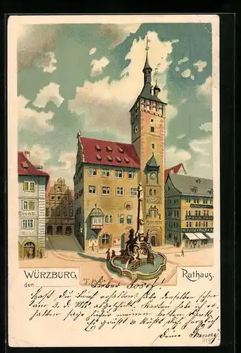 Lithographie Würzburg, Rathaus mit dem Brunnen