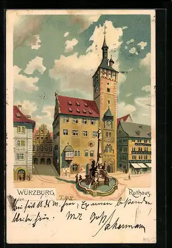 Lithographie Würzburg, Rathaus mit dem Brunnen